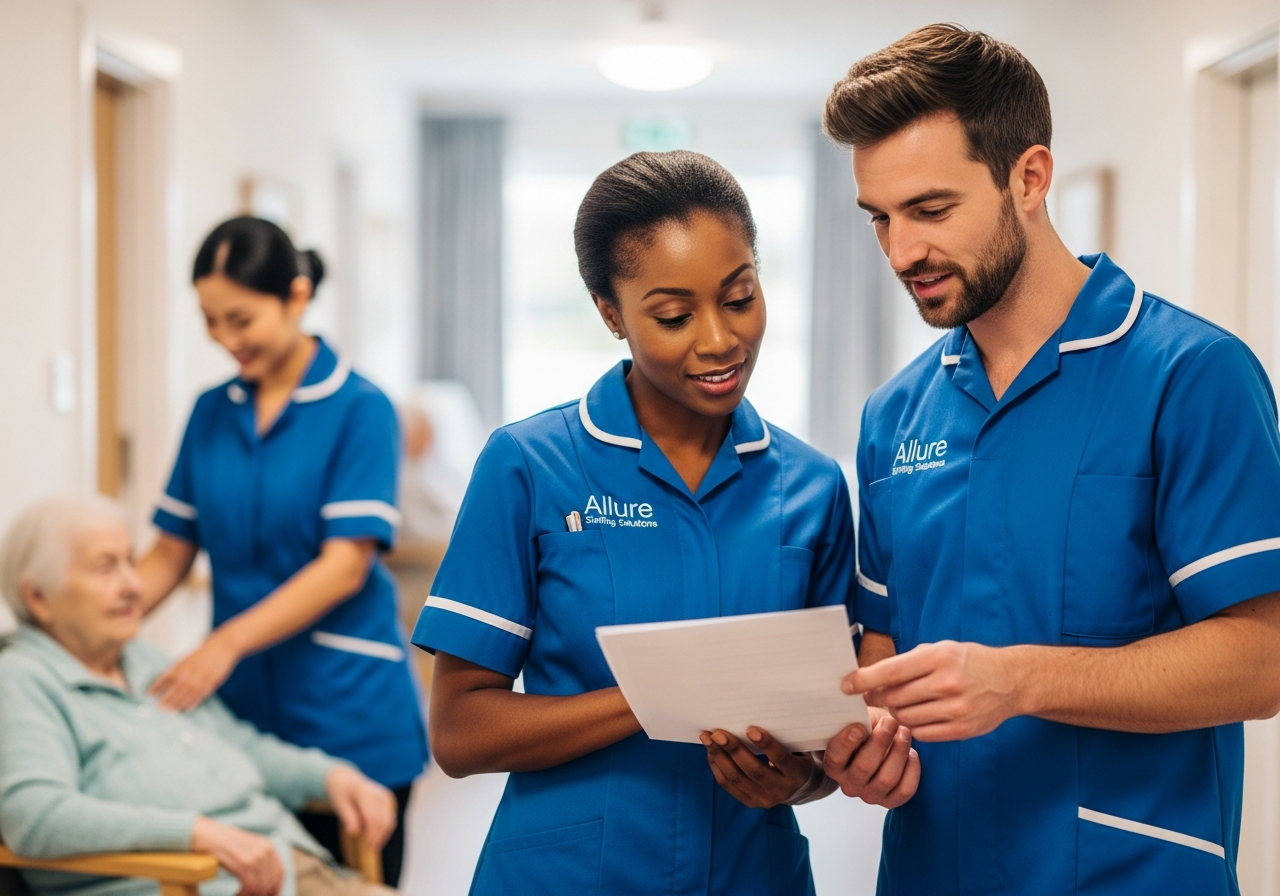 Allure Staffing Solutions support workers in blue uniforms during a shift handover at a care home in Leicestershire