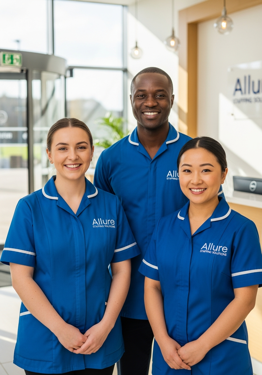 The Allure Staffing Solutions team in blue uniforms at their Loughborough base, providing home care and healthcare staffing