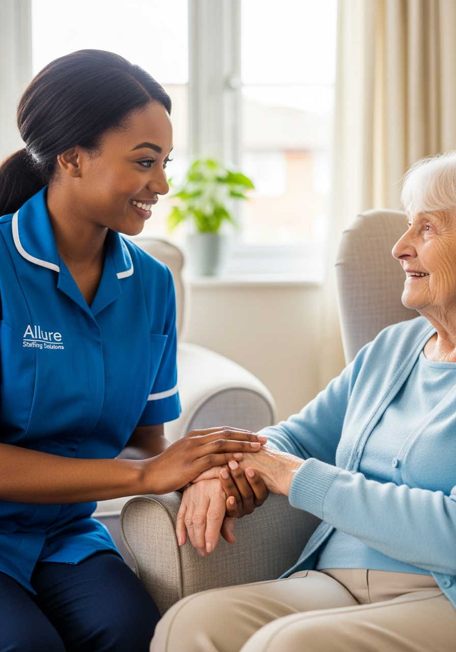 Allure Staffing Solutions carer in a blue uniform holding hands with an elderly client, reflecting the brand commitment to compassionate care