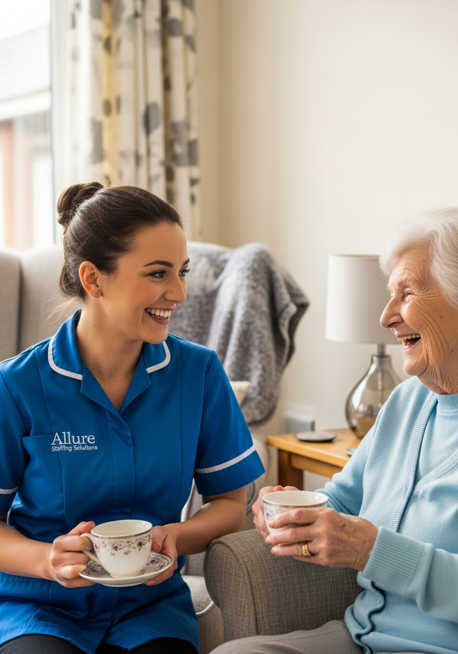 Allure Staffing Solutions companionship carer in a blue uniform chatting happily with an elderly woman at home in Loughborough