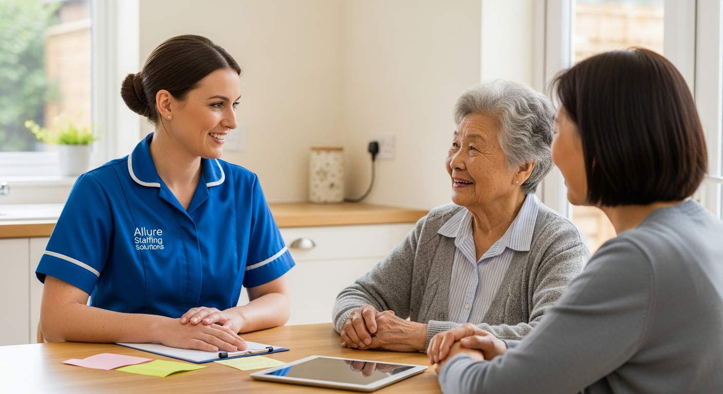 Allure Staffing Solutions coordinator in a blue uniform discussing companionship care with a family in Loughborough