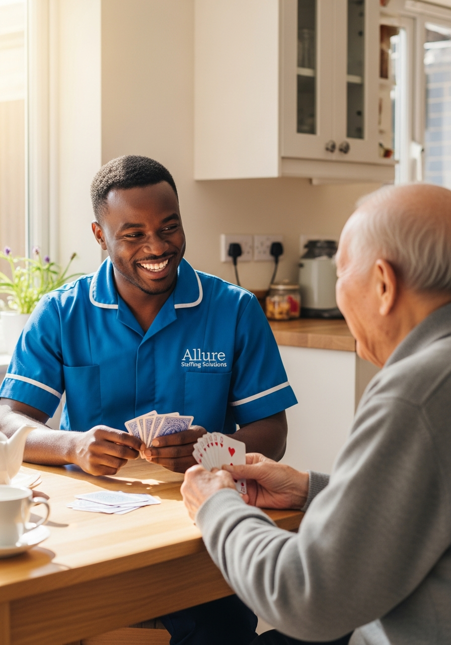 Allure Staffing Solutions companionship carer in a blue uniform playing cards with an elderly man at home in Loughborough