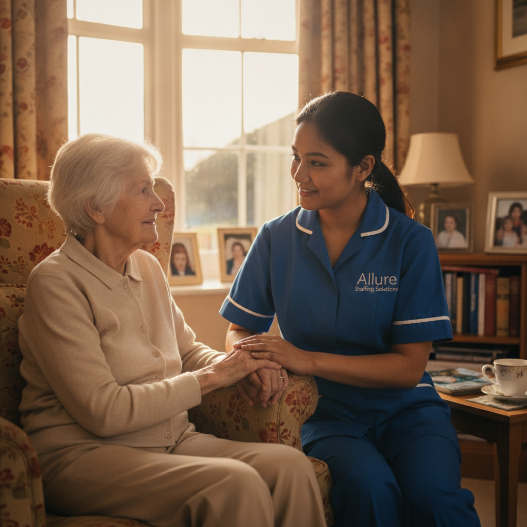 Allure Staffing Solutions carer in a blue uniform supporting an elderly woman at home, illustrating a care enquiry in Loughborough