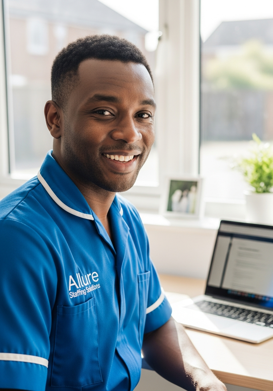 Allure Staffing Solutions coordinator in a blue uniform ready to respond to enquiries at the Loughborough office