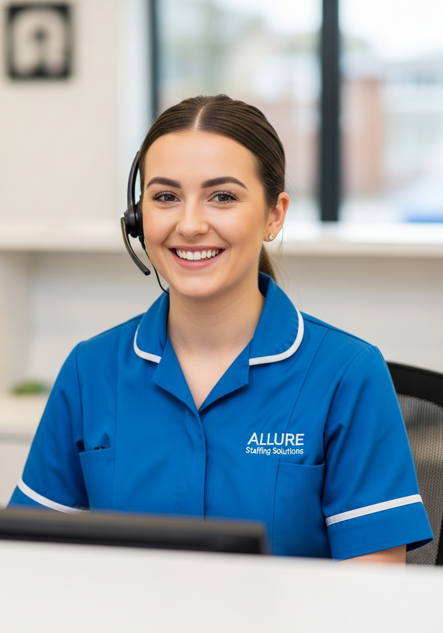 Allure Staffing Solutions coordinator in a blue uniform answering enquiries at the Loughborough office