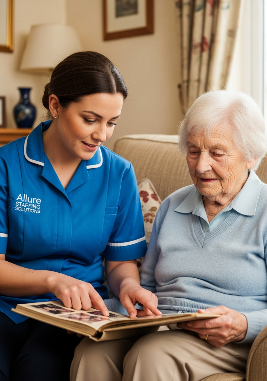 Allure Staffing Solutions dementia carer in a blue uniform looking at a photo album with an elderly woman at home in Loughborough