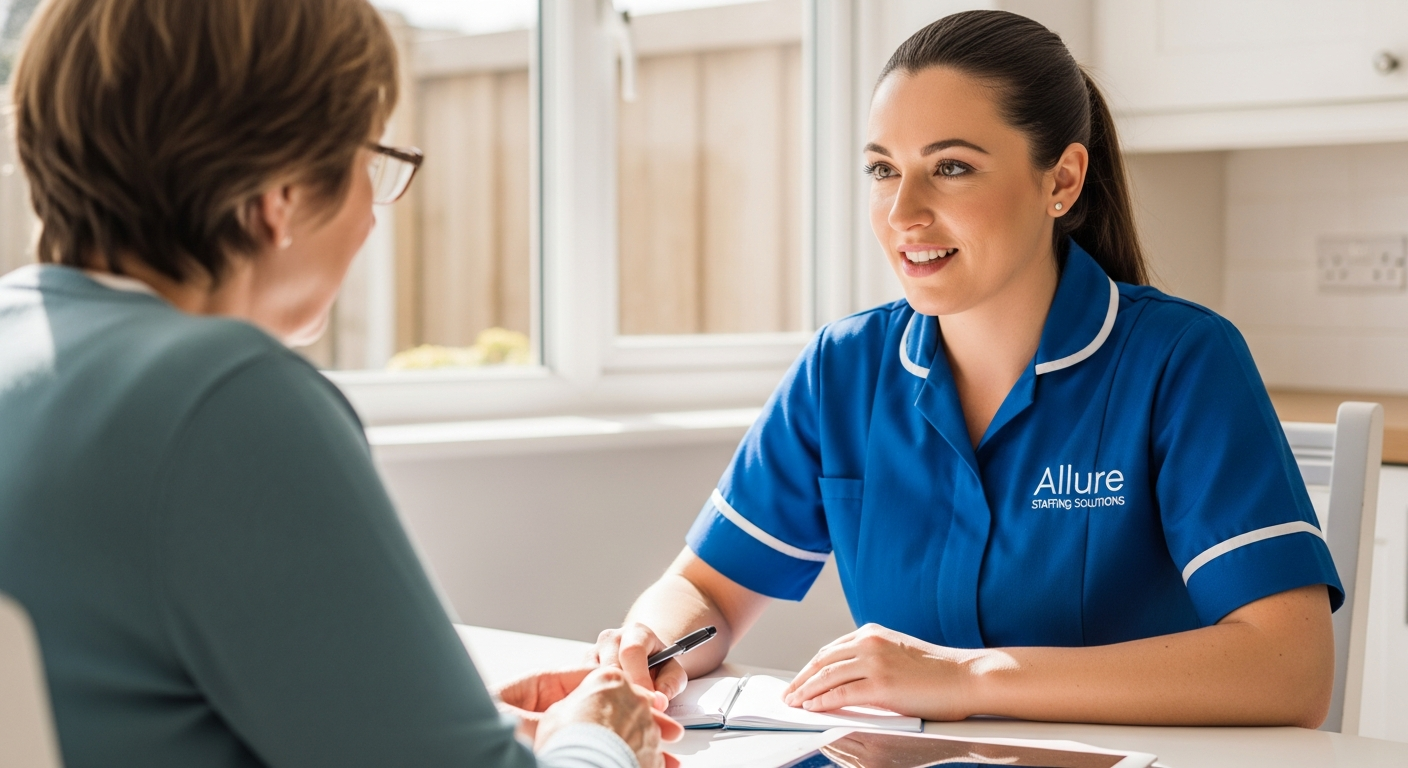 Allure Staffing Solutions coordinator in a blue uniform discussing dementia care with a family member in Loughborough