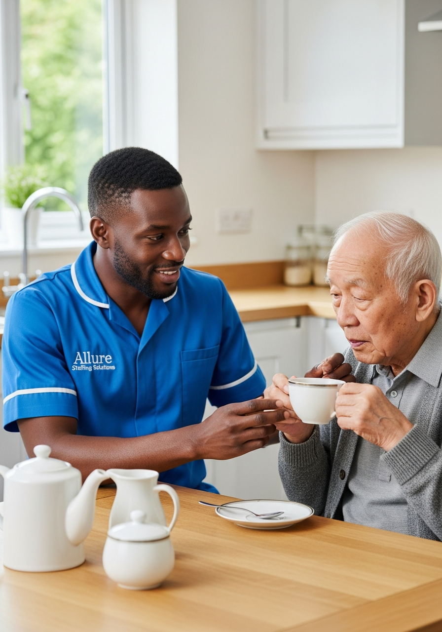 Allure Staffing Solutions dementia carer in a blue uniform gently supporting an elderly man at home in Loughborough