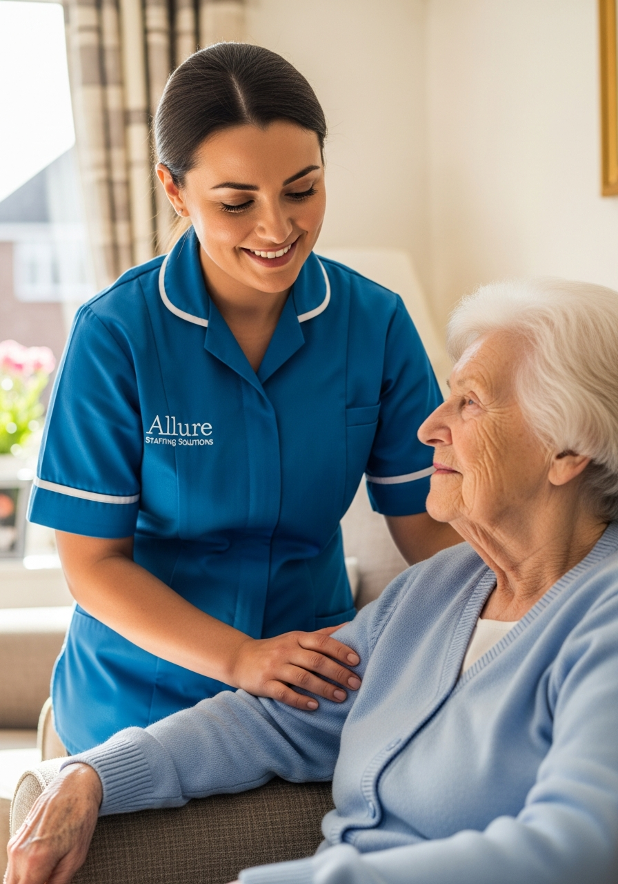 Allure Staffing Solutions carer in a blue uniform supporting an elderly woman at home in Loughborough