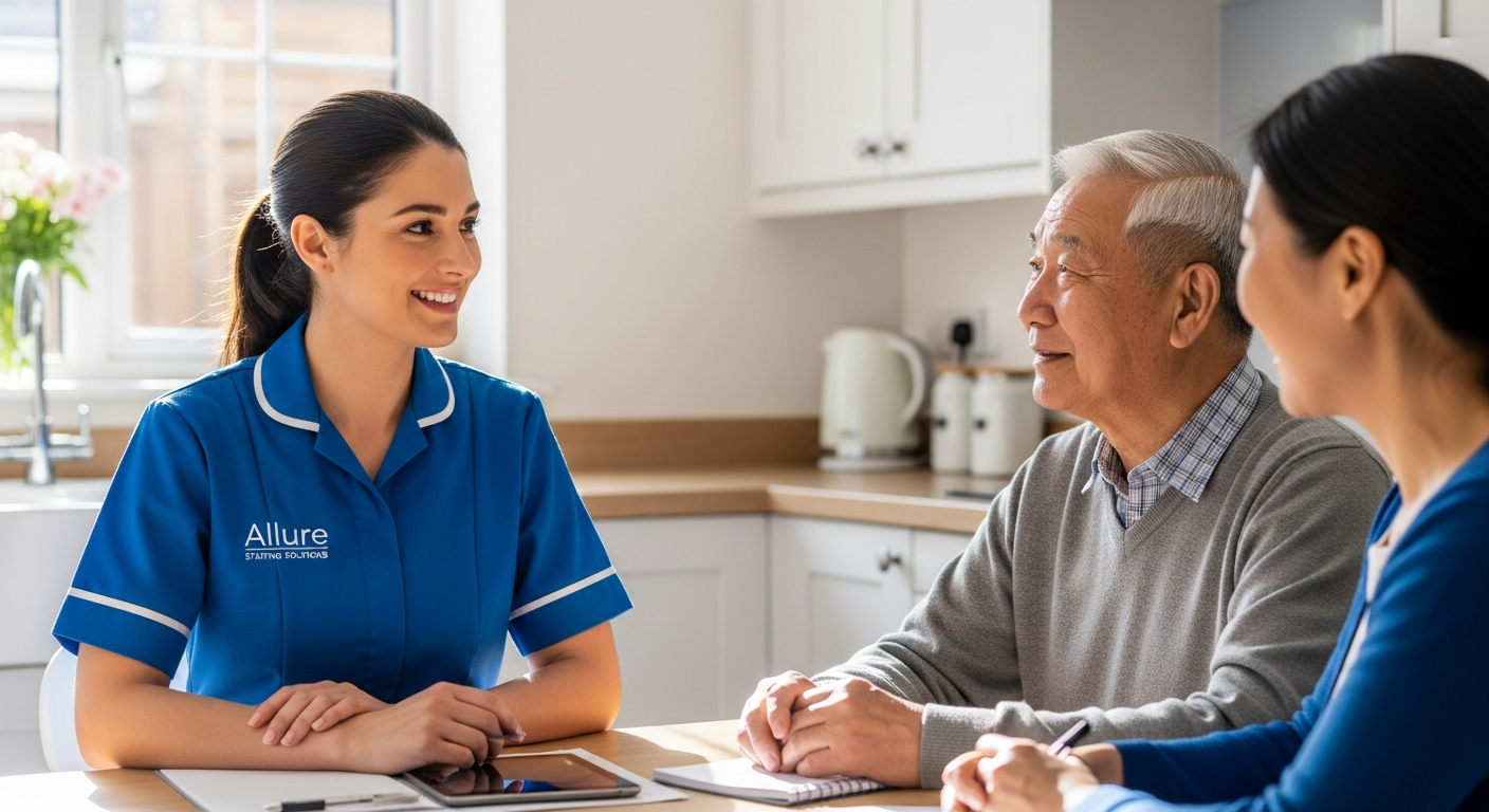 Allure Staffing Solutions coordinator in a blue uniform carrying out an elderly care assessment with a family in Loughborough