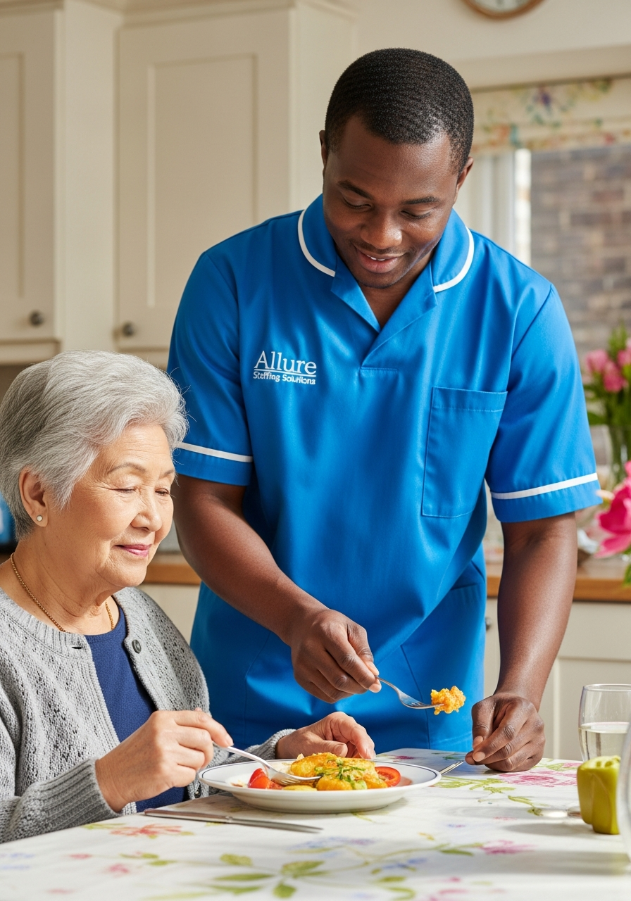 Allure Staffing Solutions carer in a blue uniform helping an elderly woman at mealtime at home in Loughborough