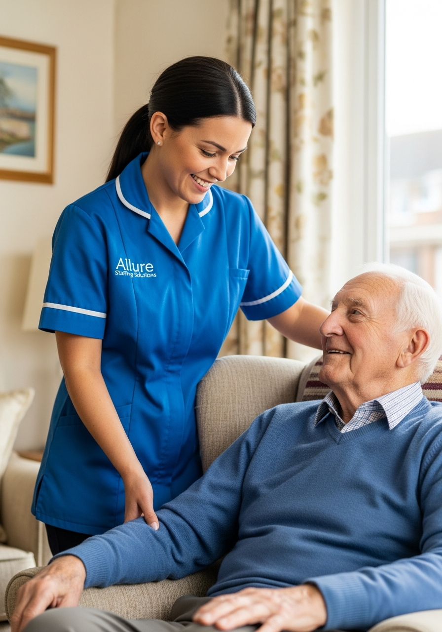 Allure Staffing Solutions home carer in a blue uniform supporting an elderly man at home in Loughborough