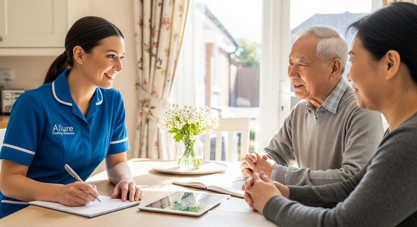 Allure Staffing Solutions coordinator in a blue uniform carrying out a free home care assessment with a family in Loughborough