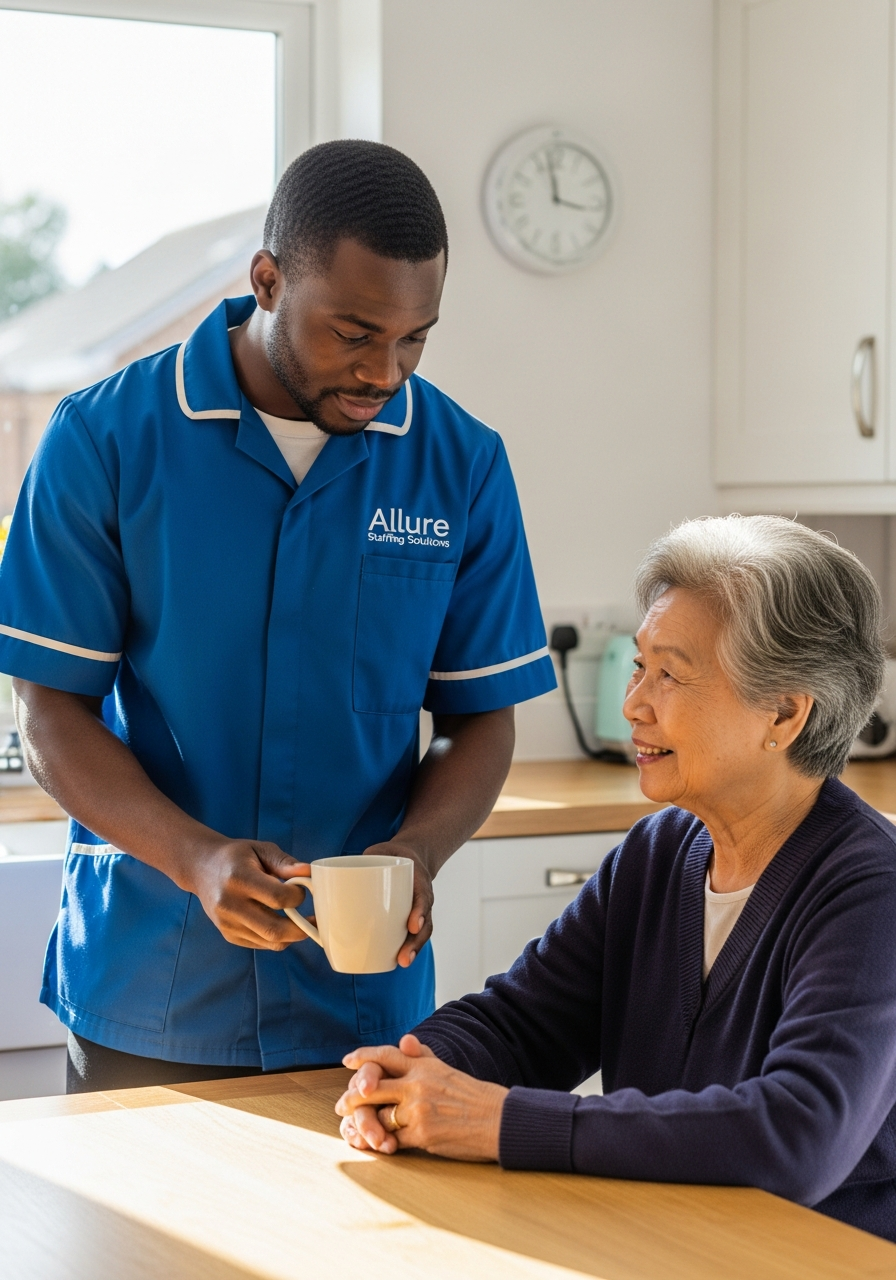 Allure Staffing Solutions home carer in a blue uniform assisting an elderly client in the kitchen in Loughborough