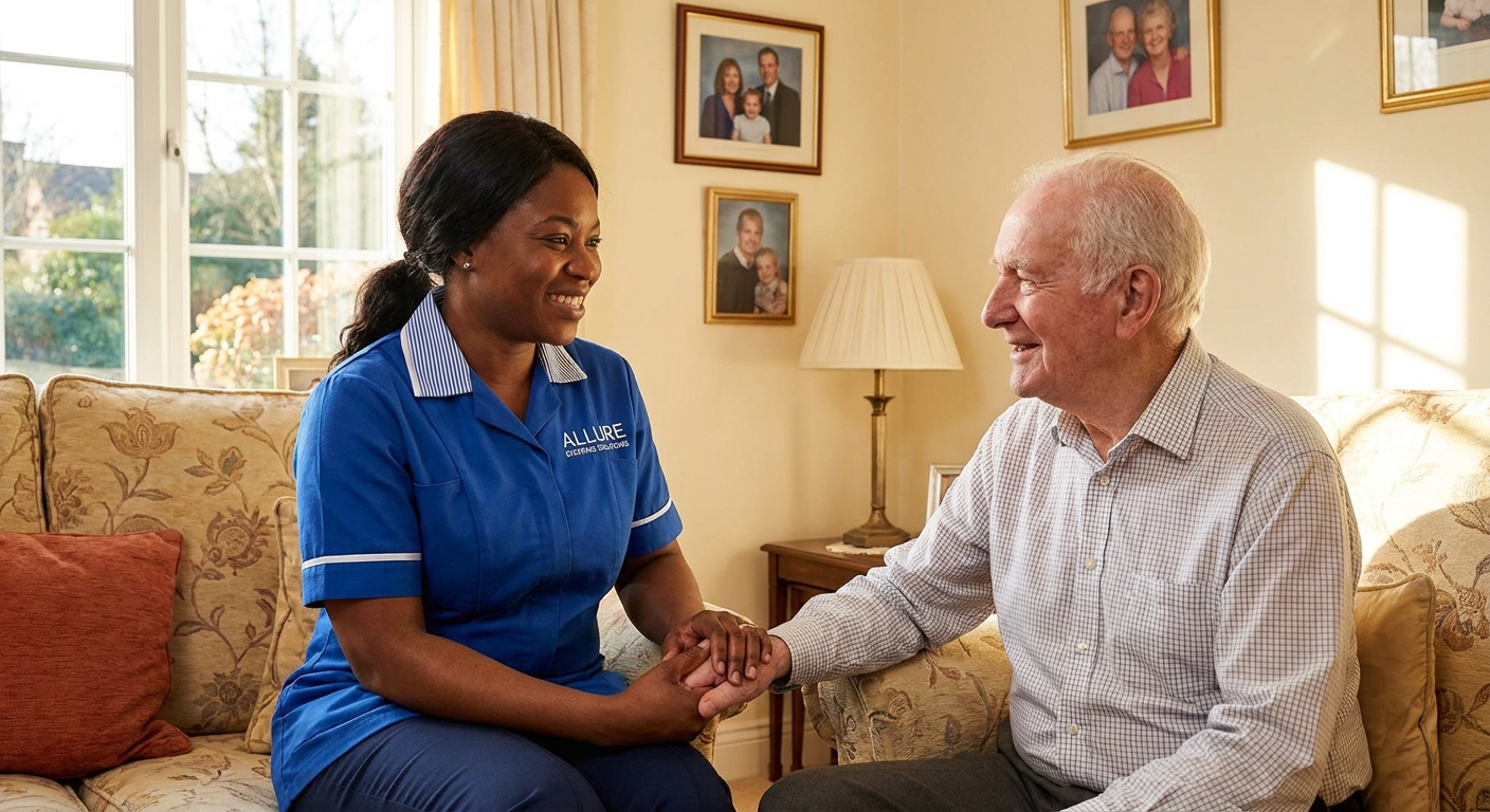 Allure Staffing Solutions carer in a blue uniform with branded chest embroidery warmly supporting an elderly client at home in Loughborough