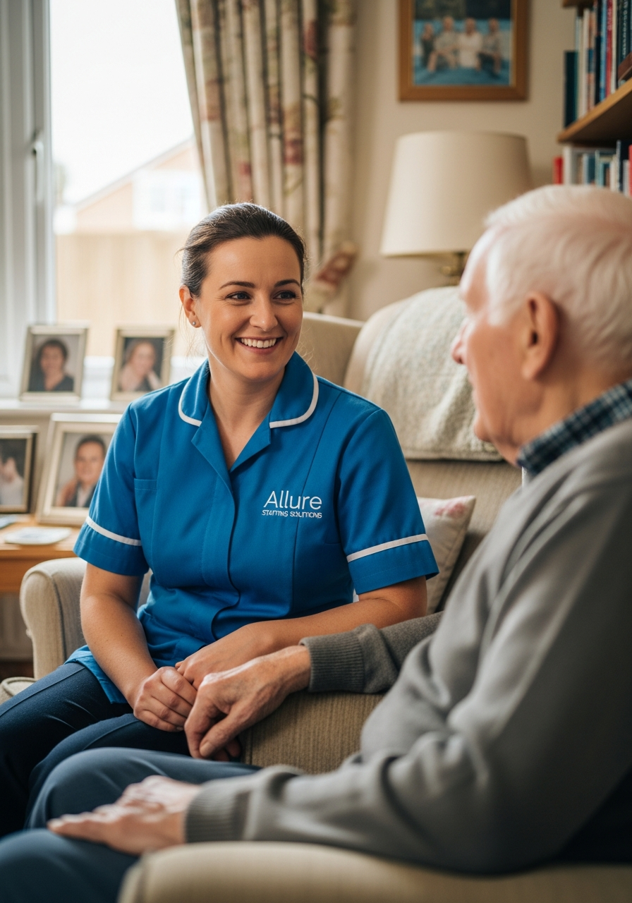 Allure Staffing Solutions live-in carer in a blue uniform spending time with an elderly man at home in Loughborough
