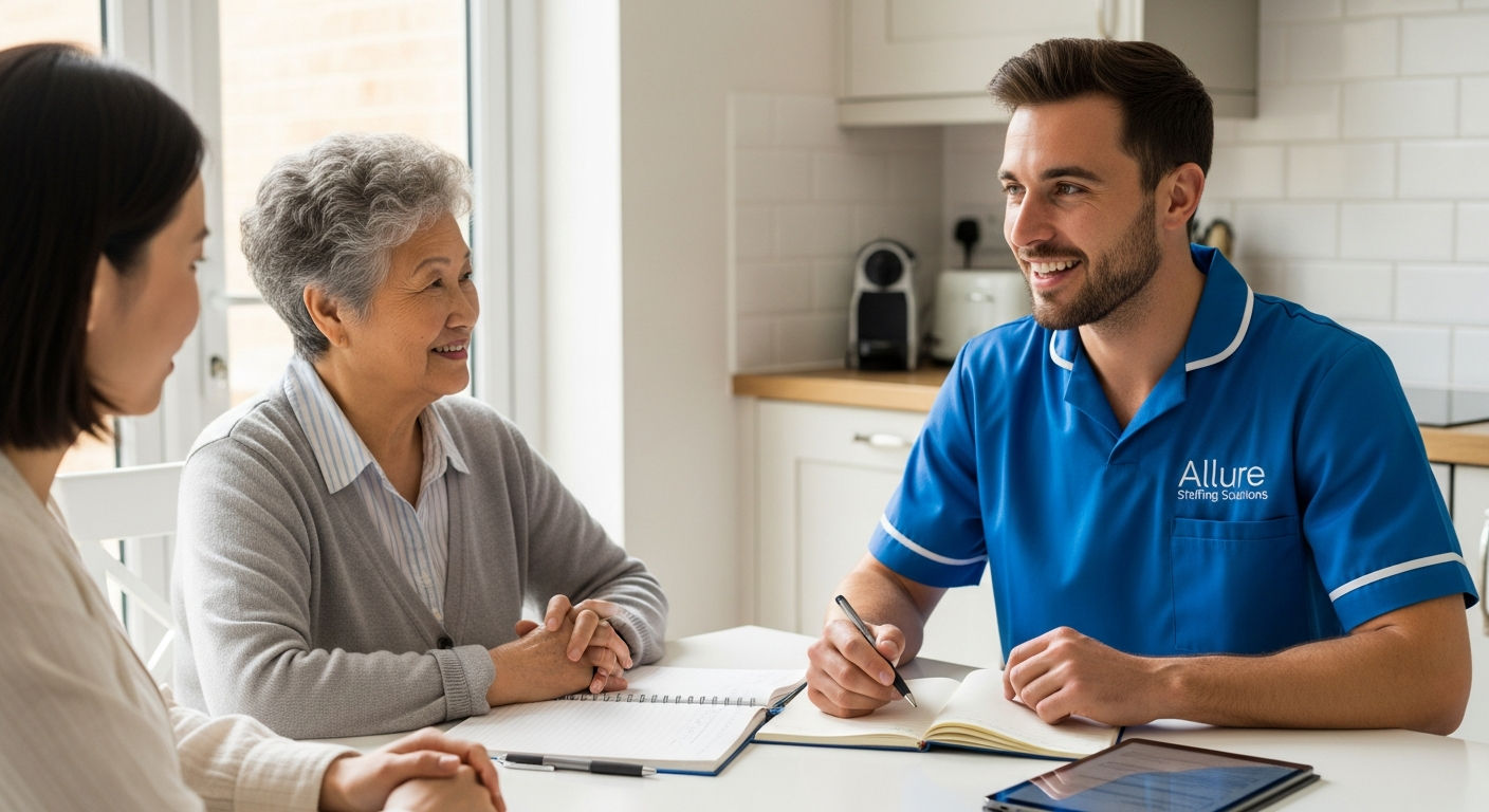 Allure Staffing Solutions coordinator in a blue uniform carrying out a live-in care assessment with a family in Loughborough