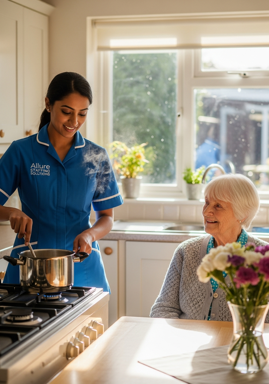 Allure Staffing Solutions live-in carer in a blue uniform preparing a meal for an elderly client at home in Loughborough