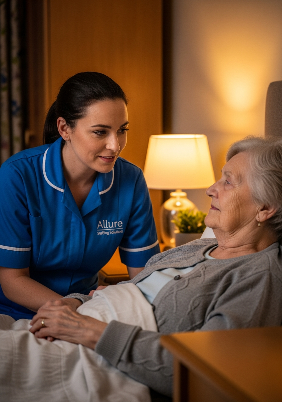 Allure Staffing Solutions night carer in a blue uniform gently checking on an elderly woman at night in Loughborough