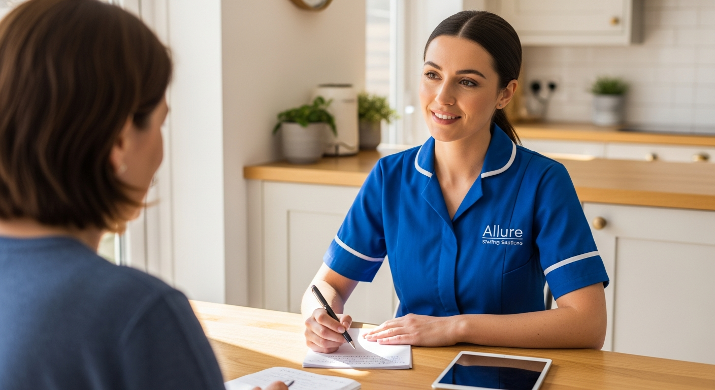 Allure Staffing Solutions coordinator in a blue uniform discussing overnight care with a family member in Loughborough