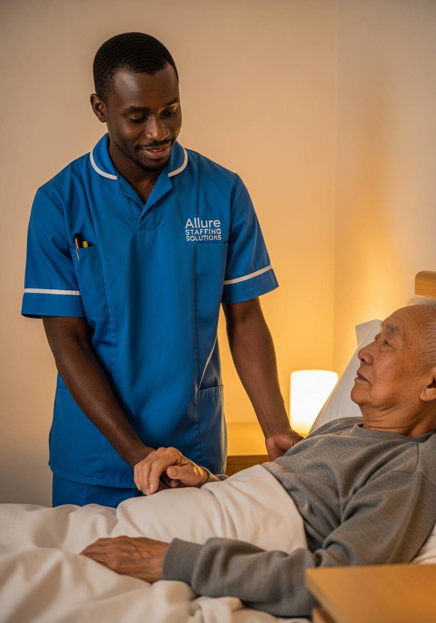 Allure Staffing Solutions night carer in a blue uniform helping an elderly man settle into bed at night in Loughborough