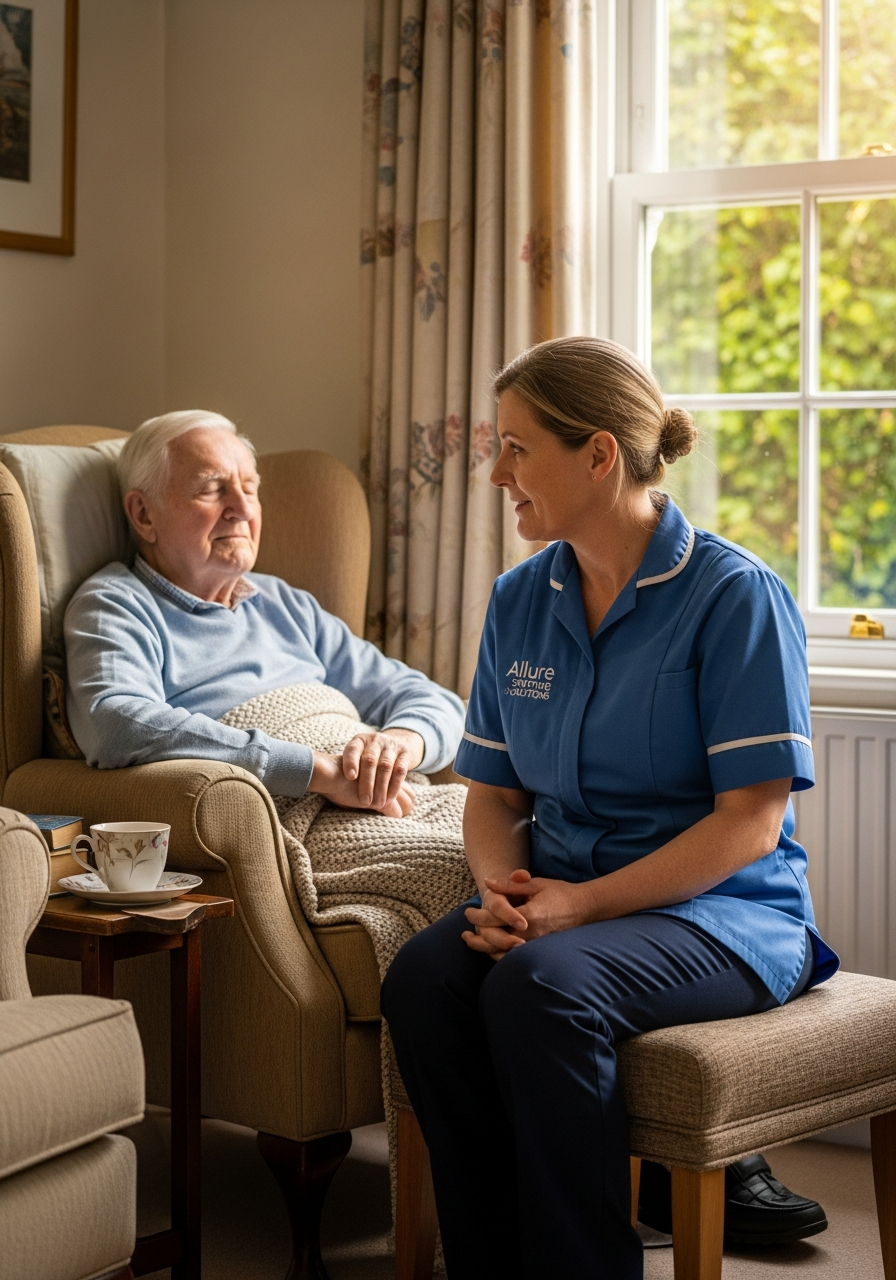 Allure Staffing Solutions carer in a blue uniform offering gentle palliative care to an elderly man at home in Loughborough