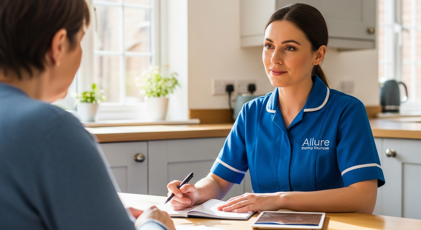 Allure Staffing Solutions coordinator in a blue uniform gently discussing palliative care with a family member in Loughborough