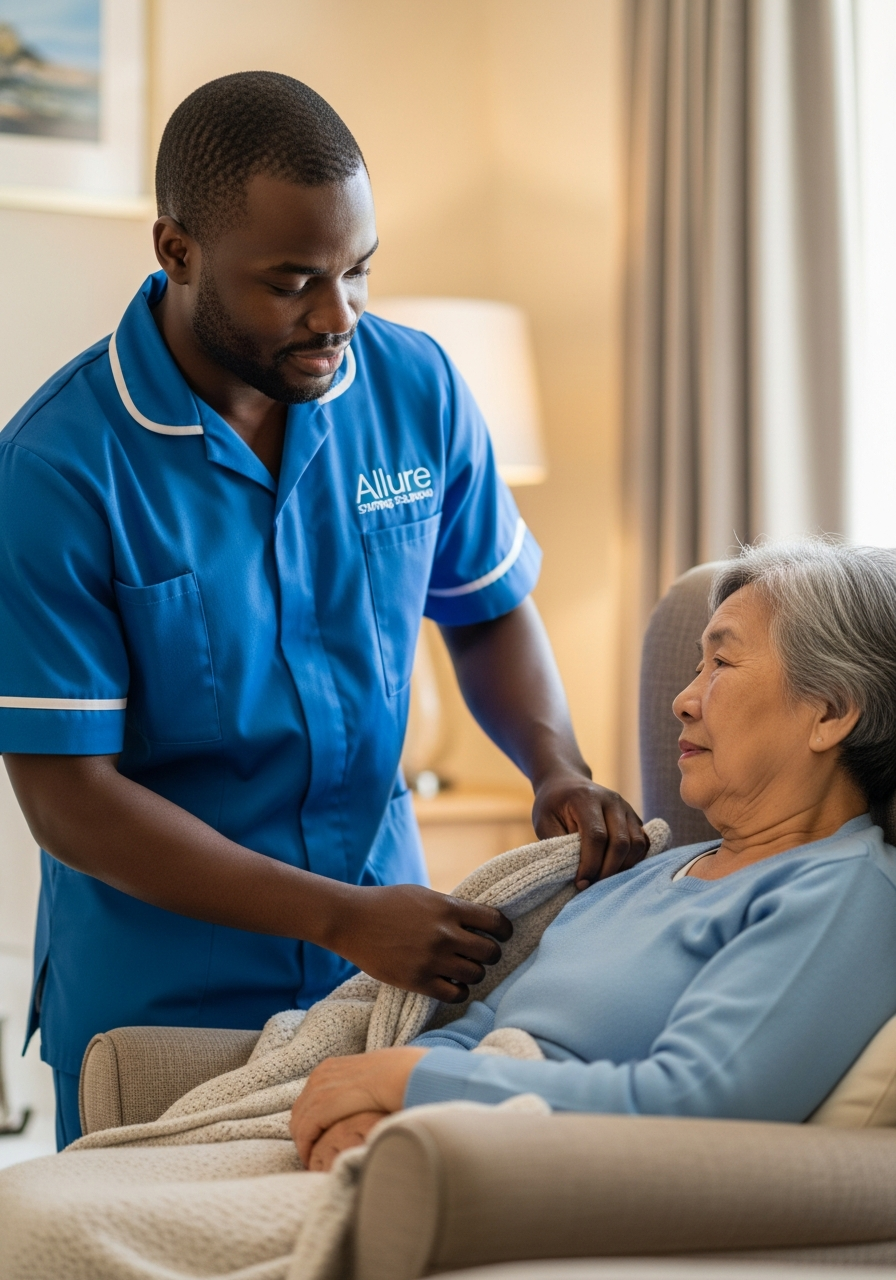 Allure Staffing Solutions carer in a blue uniform gently comforting an elderly woman during palliative care at home in Loughborough