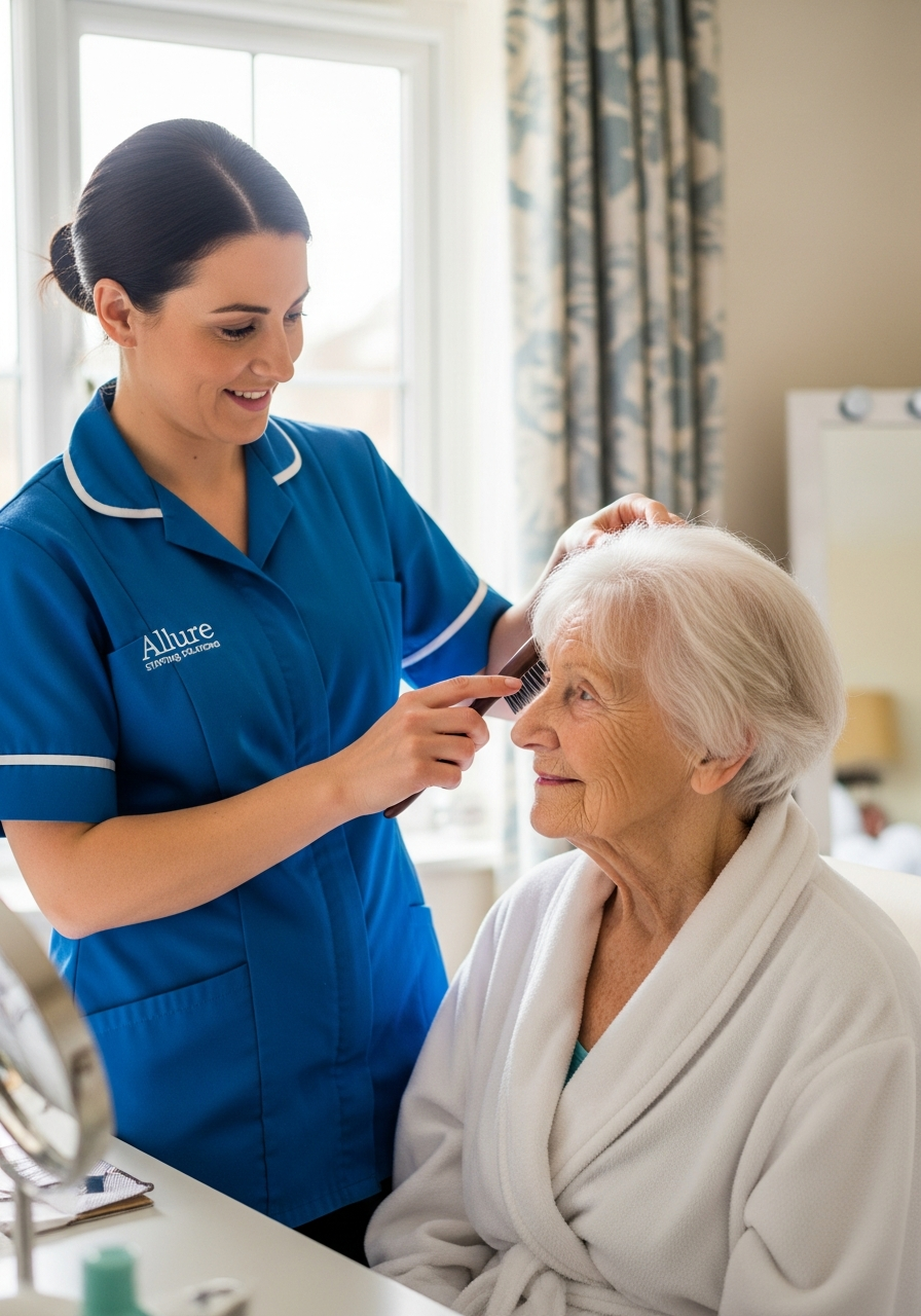 Allure Staffing Solutions carer in a blue uniform helping an elderly woman with grooming at home in Loughborough