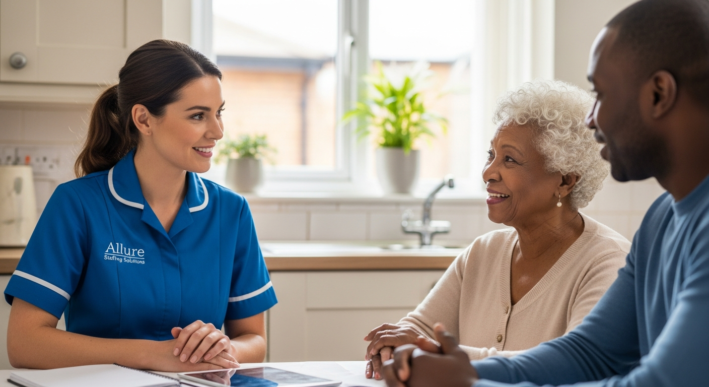 Allure Staffing Solutions coordinator in a blue uniform carrying out a personal care assessment with a family in Loughborough