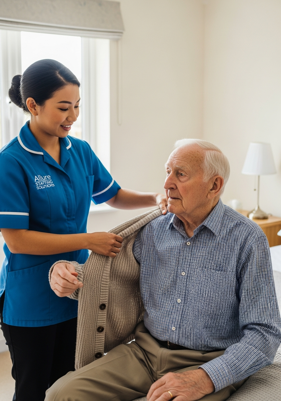 Allure Staffing Solutions carer in a blue uniform helping an elderly man with dressing at home in Loughborough