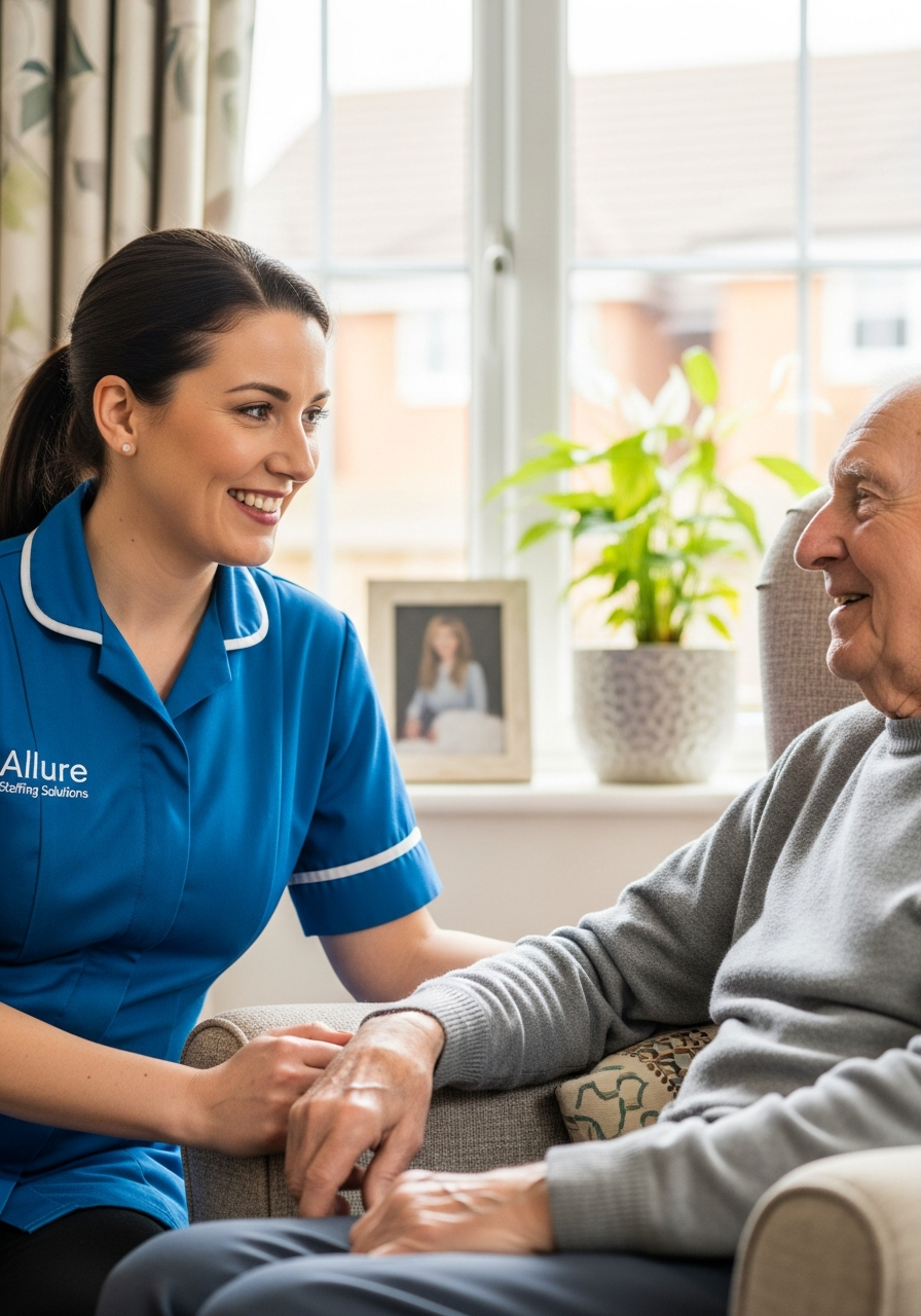 Allure Staffing Solutions respite carer in a blue uniform providing short term cover for an elderly man at home in Loughborough