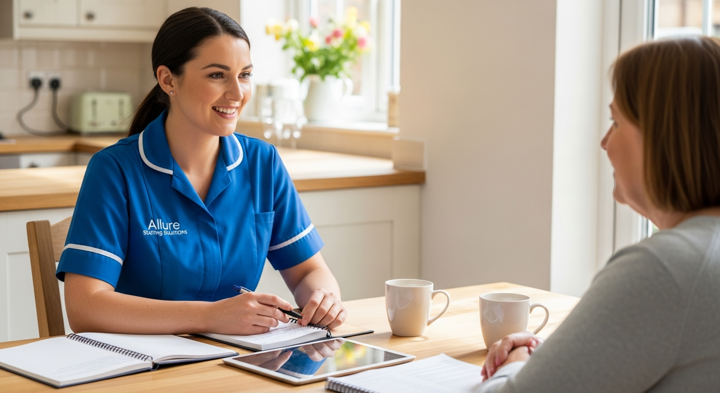 Allure Staffing Solutions coordinator in a blue uniform arranging respite care with a family carer in Loughborough