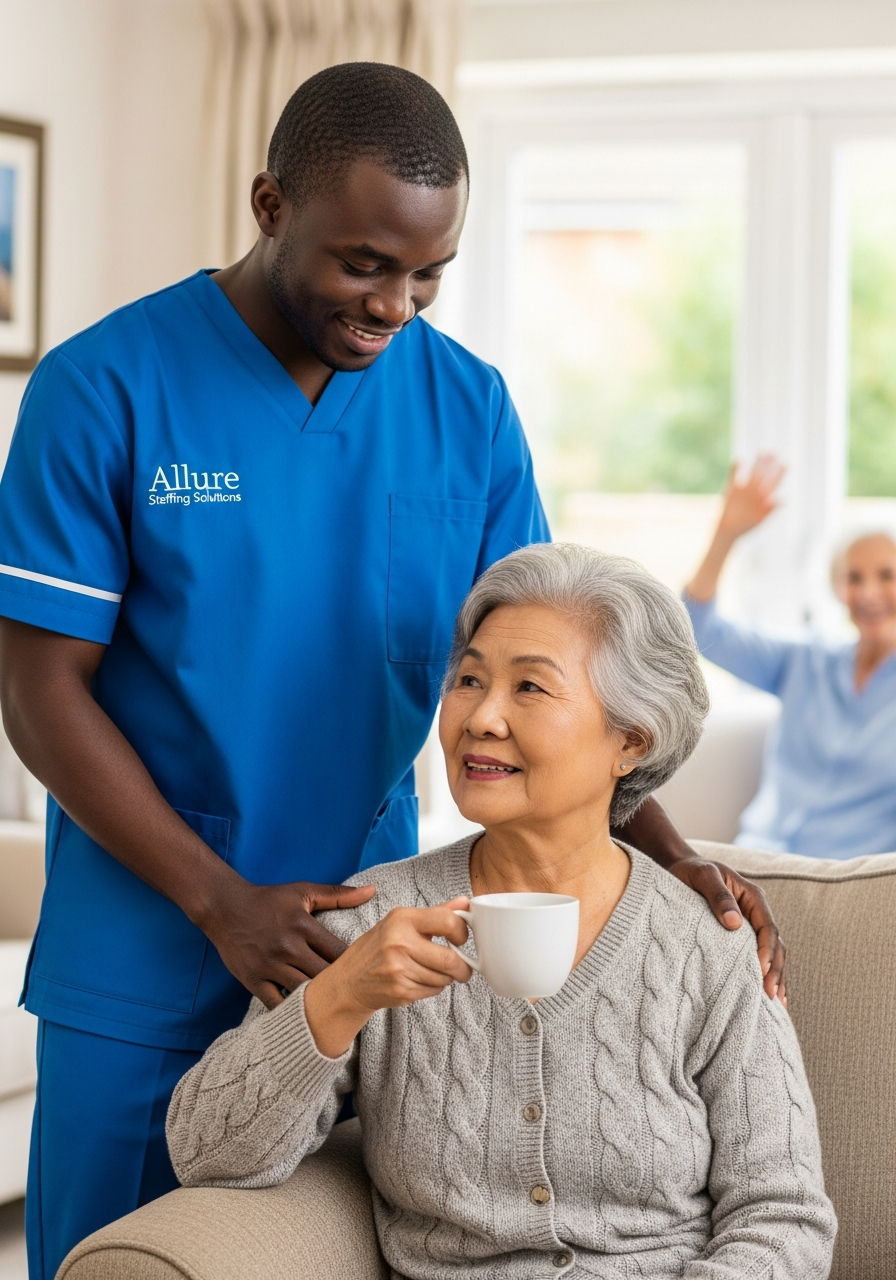Allure Staffing Solutions respite carer in a blue uniform caring for an elderly woman while family takes a break in Loughborough