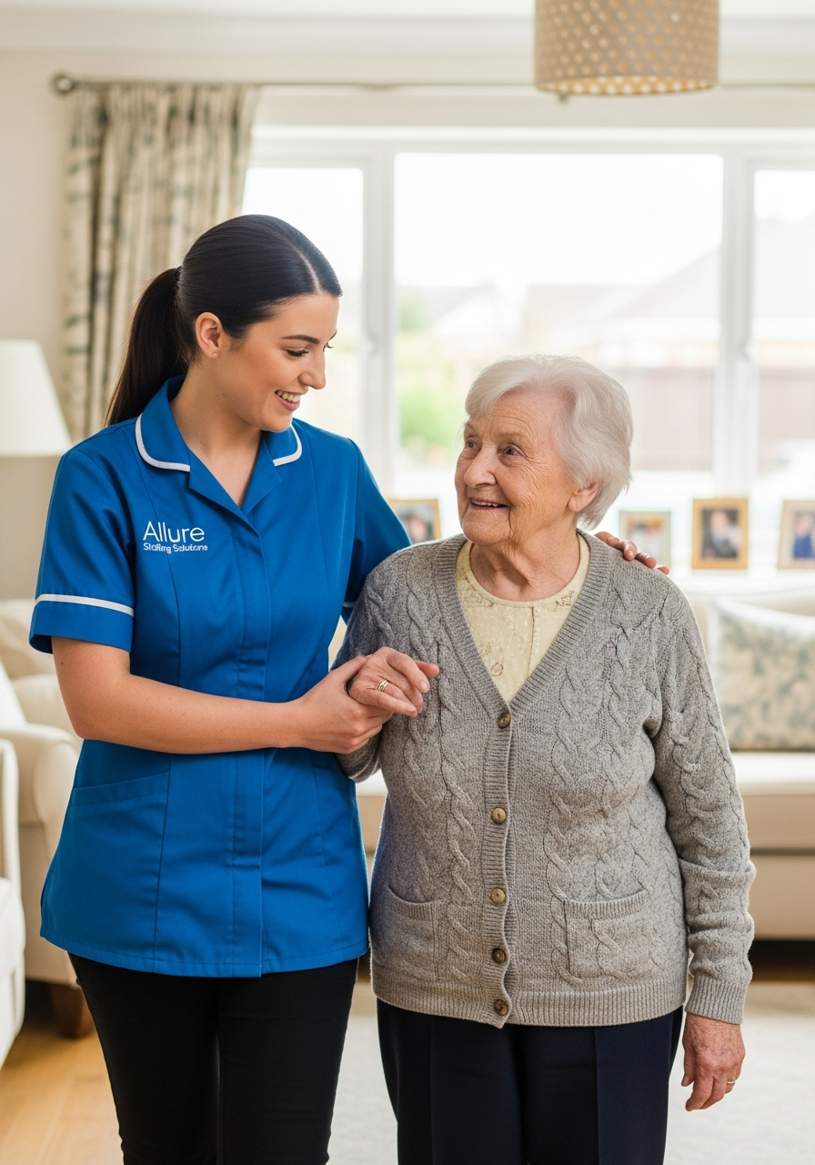 Allure Staffing Solutions carer in a blue uniform supporting an elderly client at home, representing home care services in Loughborough