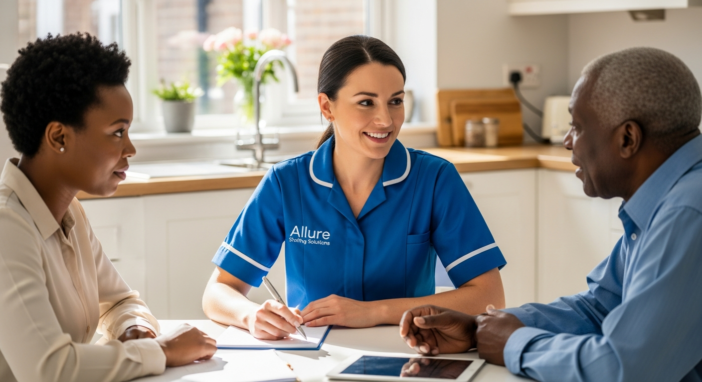Allure Staffing Solutions coordinator in a blue uniform carrying out a free home care assessment with a family in Loughborough