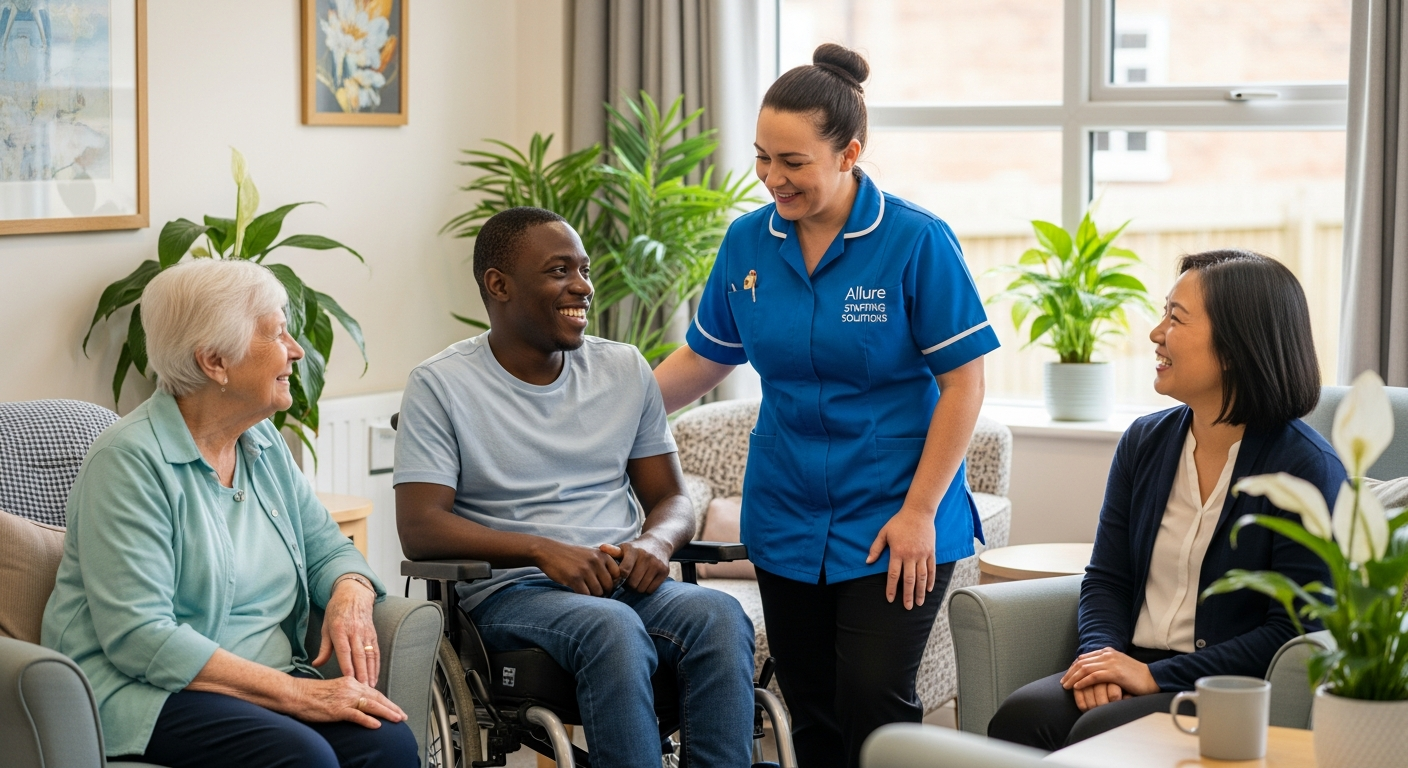 Allure Staffing Solutions carer in a blue uniform supporting a diverse group of clients in Loughborough