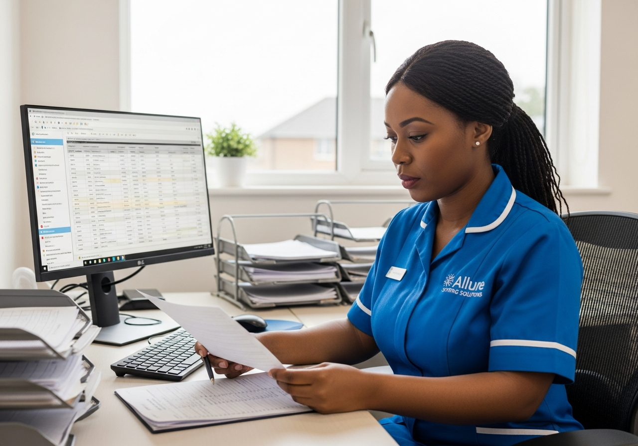 Allure Staffing Solutions coordinator in a blue uniform checking staff compliance and training records in Loughborough