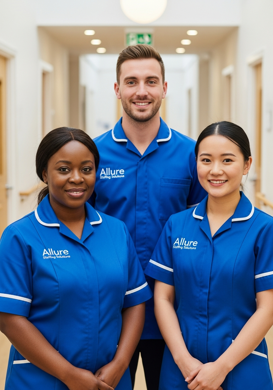 Allure Staffing Solutions care staff in blue uniforms ready to provide healthcare staffing to care homes in Leicestershire