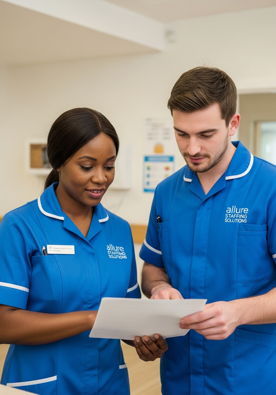 Allure Staffing Solutions care staff in blue uniforms during a shift handover at a care home in Loughborough