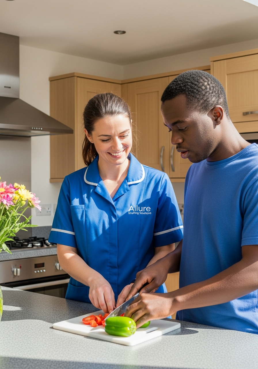 Allure Staffing Solutions support worker in a blue uniform helping a young adult build independence in supported living in Loughborough