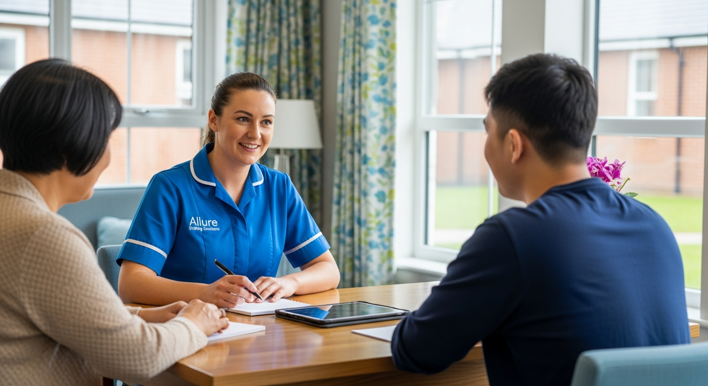 Allure Staffing Solutions coordinator in a blue uniform creating a person centred supported living plan in Loughborough