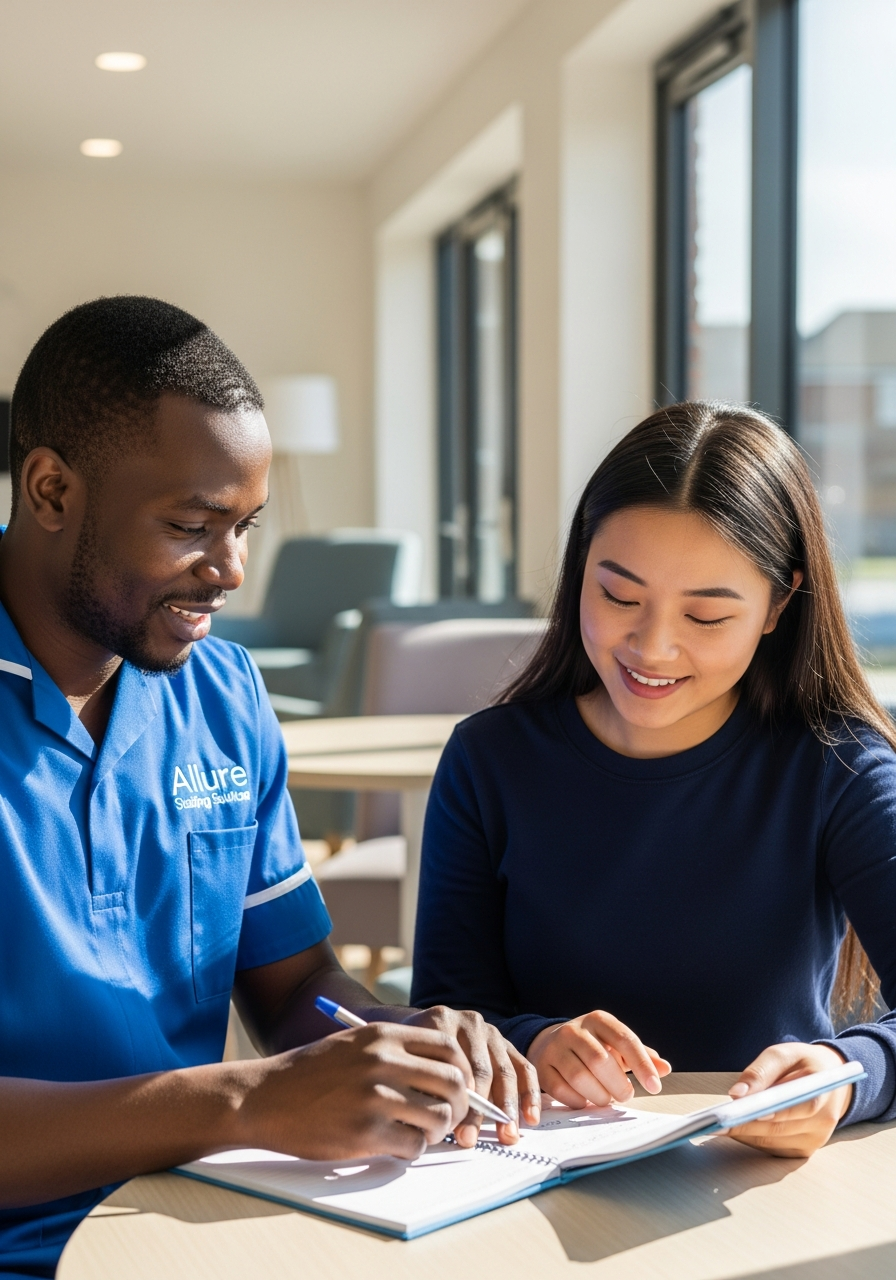 Allure Staffing Solutions support worker in a blue uniform helping a young adult with budgeting skills in supported living in Loughborough